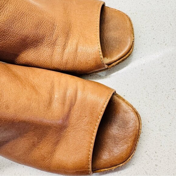 Mimosa Tan Camel Genuine Soft Leather Shoes Peep Toe Stacked Heel Sandals Sz 37 - Picture 13 of 15